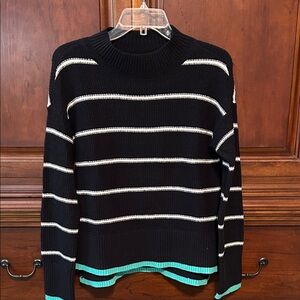 NIC+ZOE Black and White Striped Sweater with Teal Accents